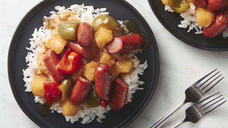 Polynesian Sweet and Sour Hot Dogs with Rice