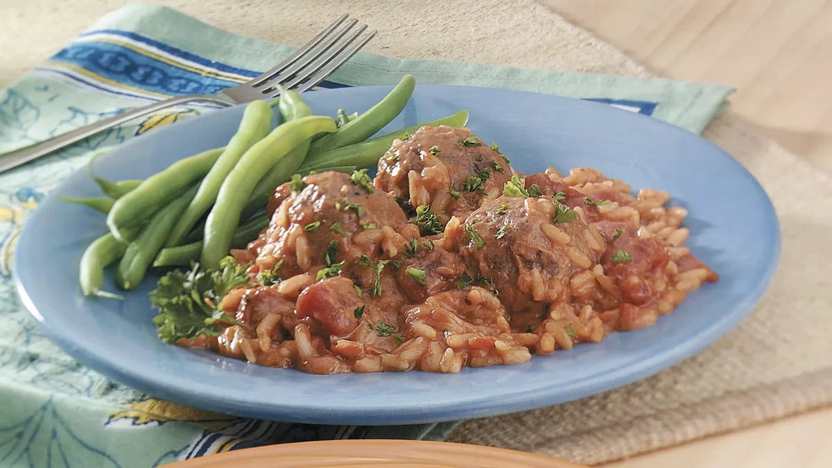 Creamy Tomato, Meatballs and Rice Bake