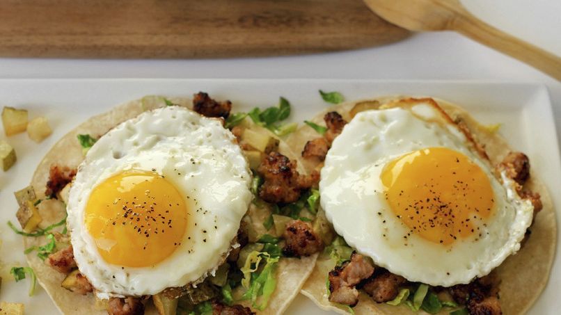Chorizo Tacos with Brussels Sprouts and Fried Egg