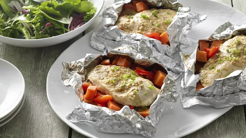 Oven Foil-Pack Honey Dijon Chicken and Sweet Potatoes