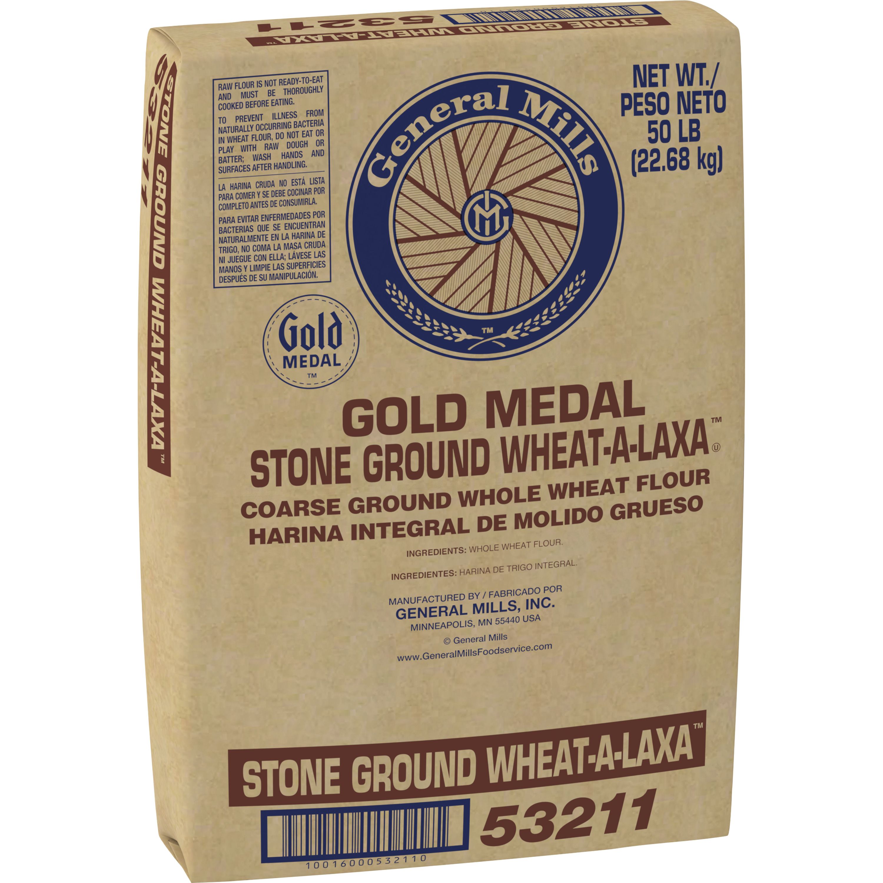 Case - Left Front 3D Gold Medal Wheat-a-Laxa Whole Wheat Flour Bulk Bag Stone Ground 50 LB