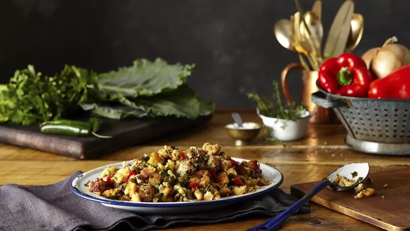 Cornbread Stuffing with Sausage and Collard Greens