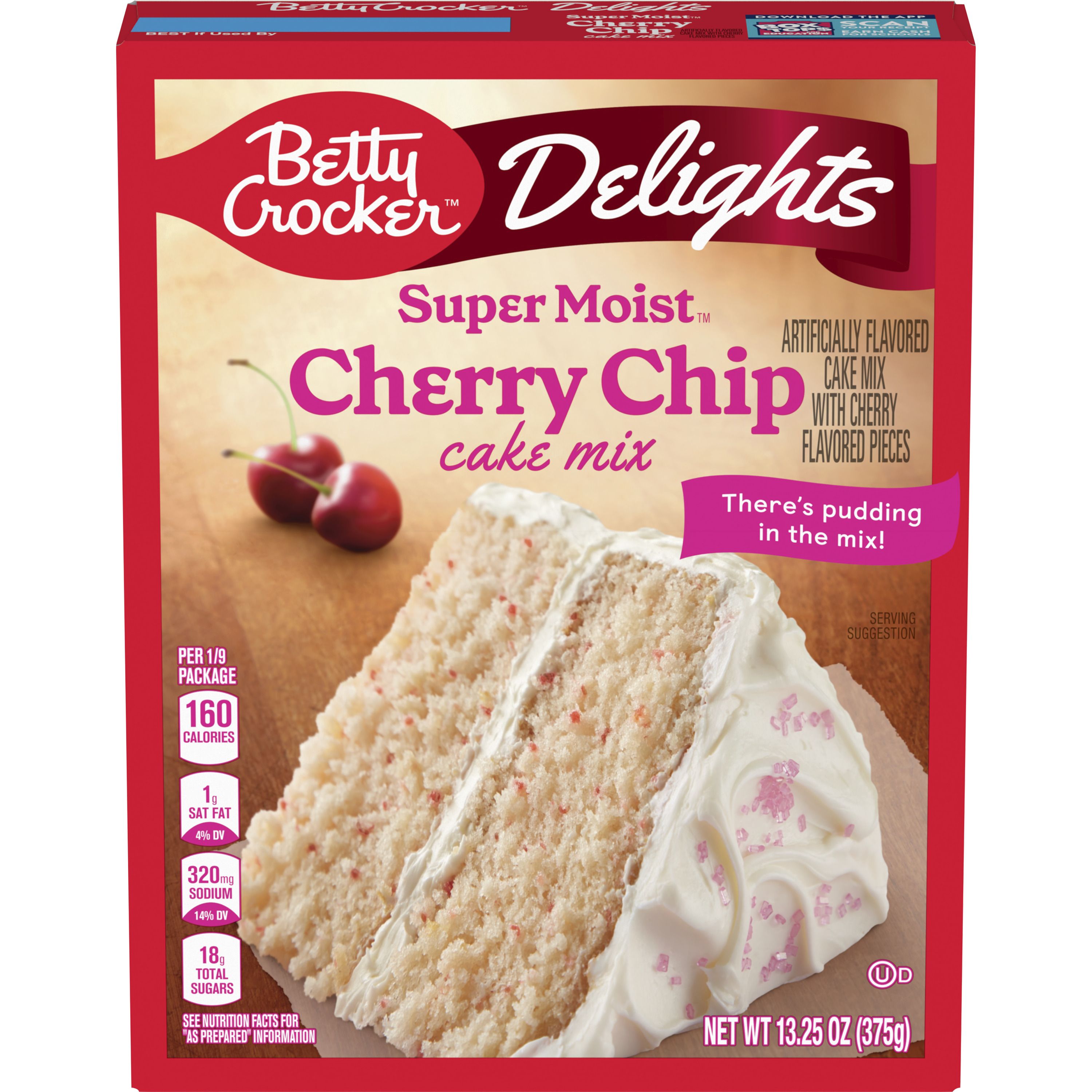 Betty Crocker Delights Super Moist Cherry Chip Cake Mix, 13.25 oz. - Front