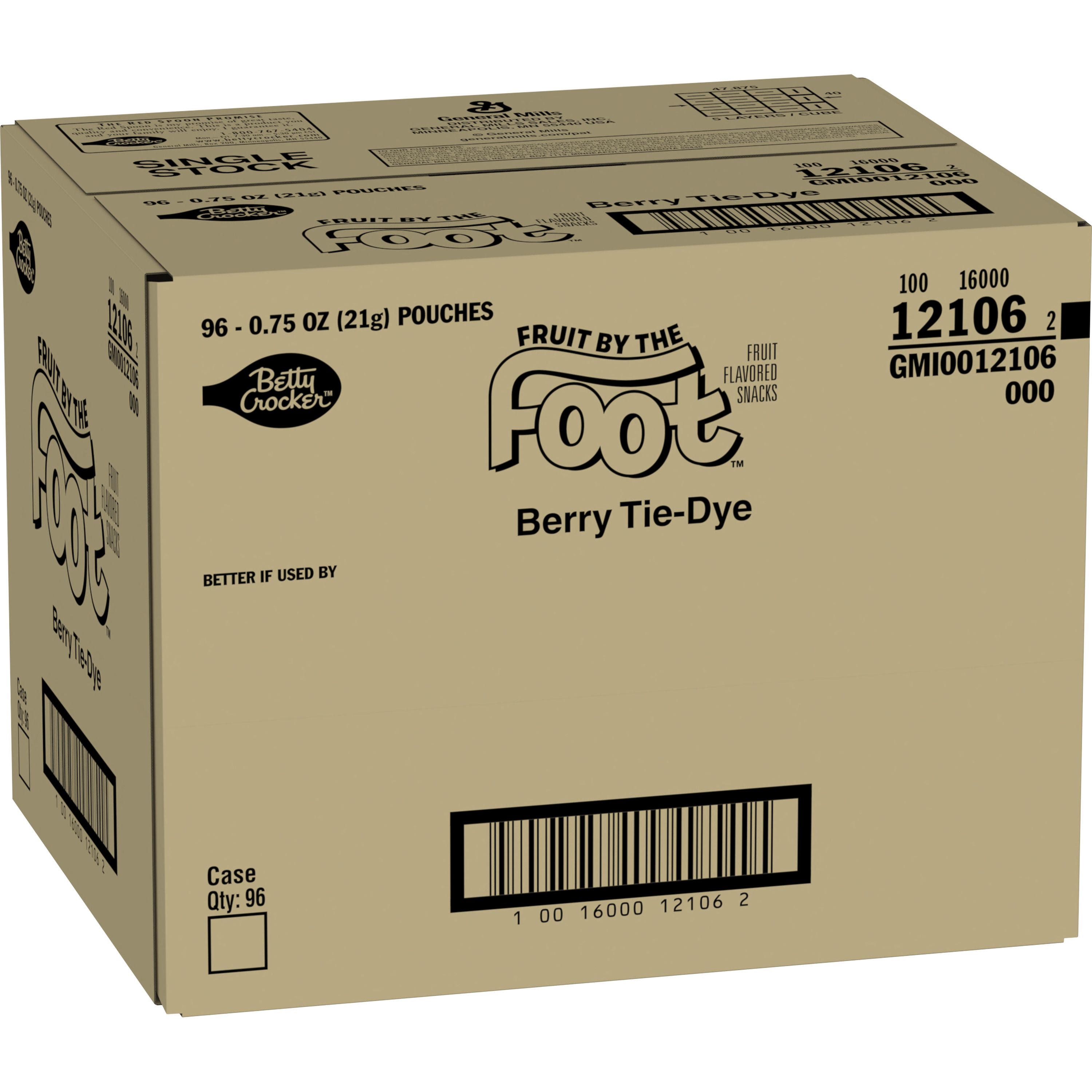 Case - Left Front 3D Fruit by the Foot Gluten Free Fruit Snacks Single Serve Pouch Berry Tie-Dye 96/0.75 OZ