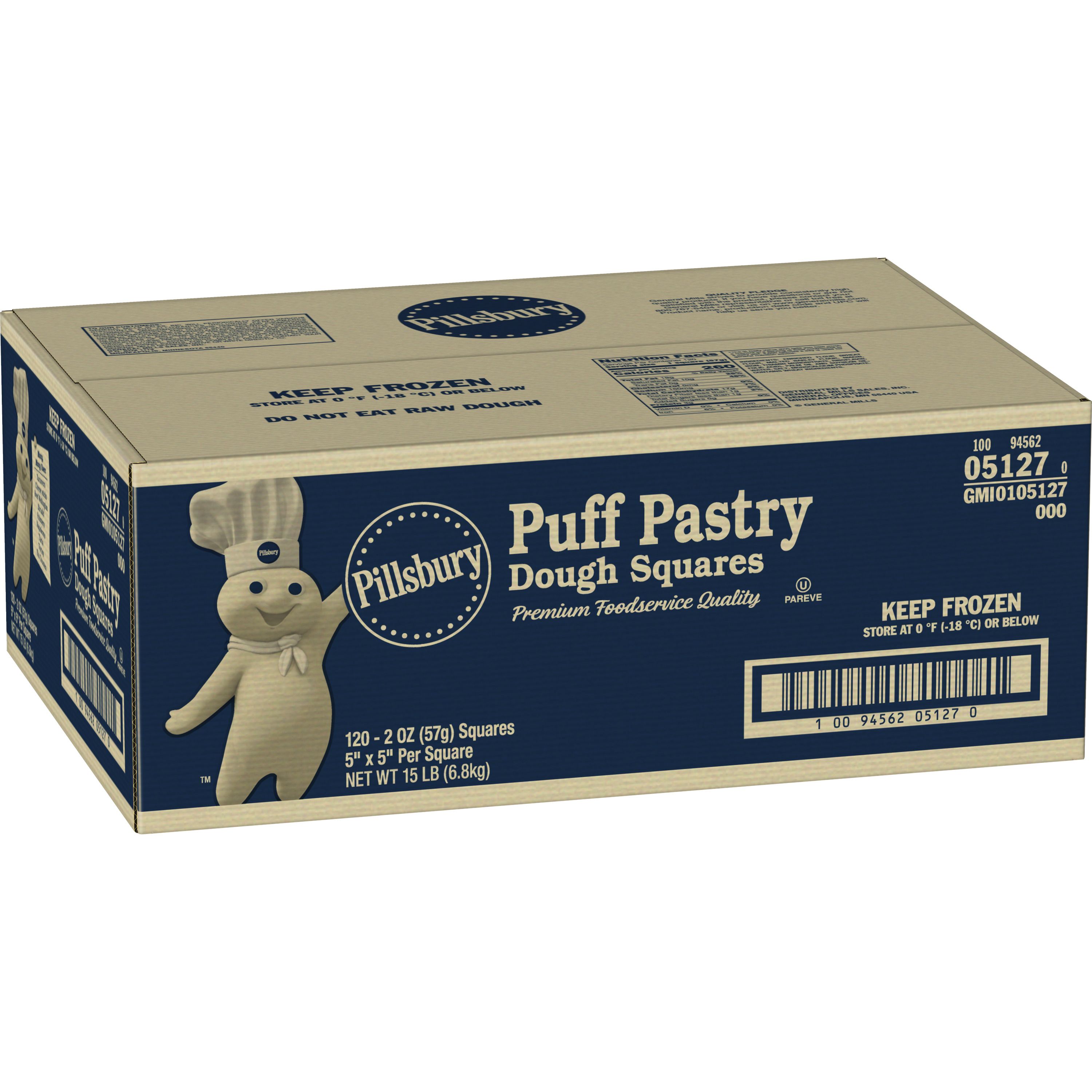Case - Left Front 3D Pillsbury Frozen Puff Pastry Dough Bulk Square 5x5 in 120/2 OZ