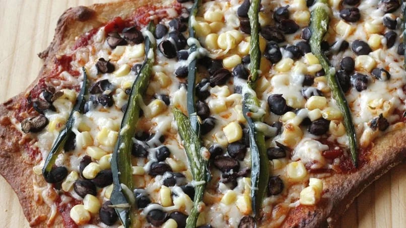 Vegetarian Pizza with Black Beans and Poblano Peppers