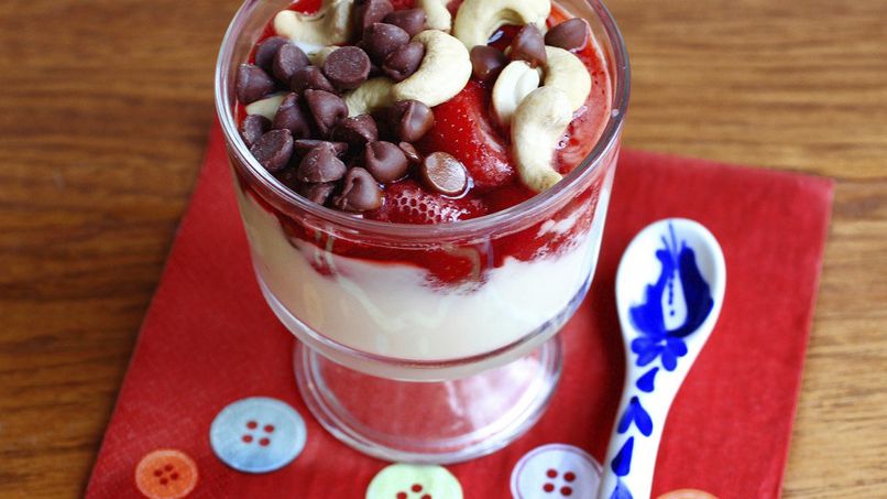 Yogurt Dessert Bowl with Strawberries, Cashews and Chocolate Chips