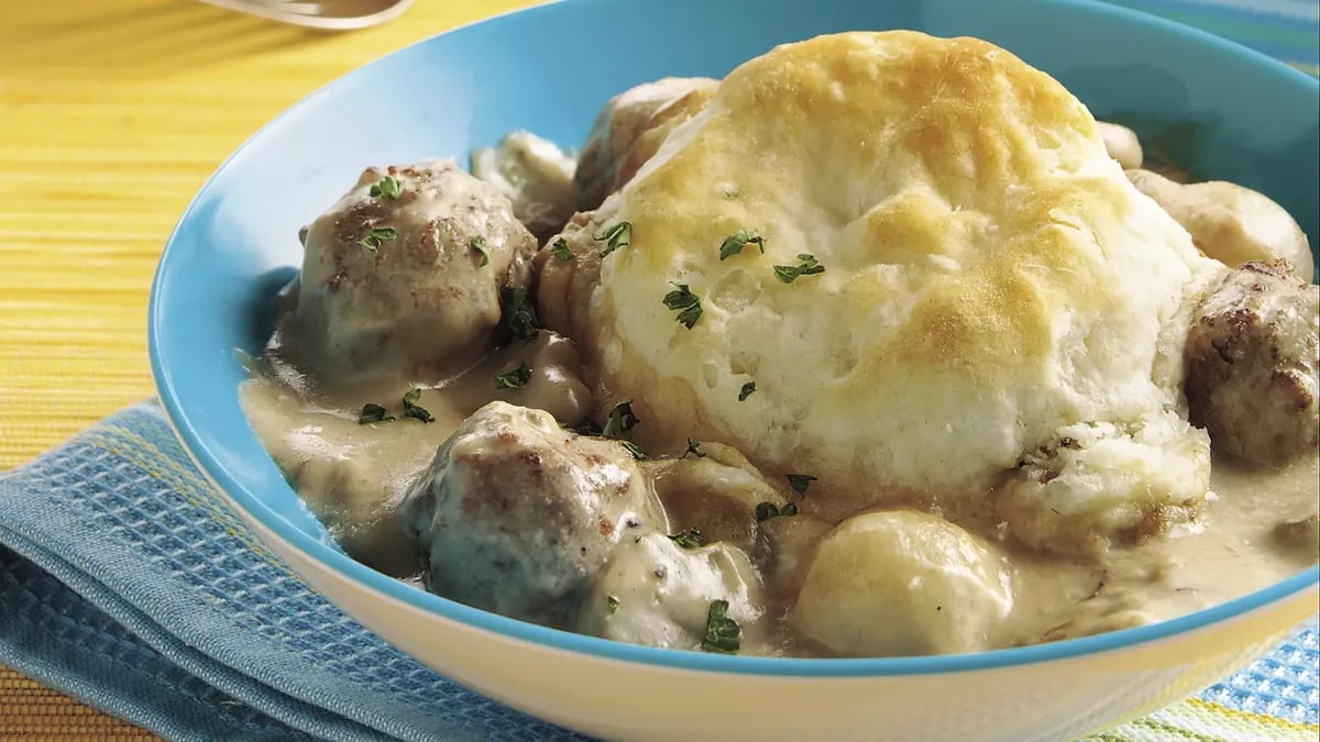 Meatball Stroganoff Biscuit Casserole (Cooking for Two)