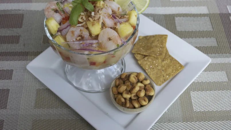 Shrimp and Fish Ceviche with Pineapple, Basil and Coconut