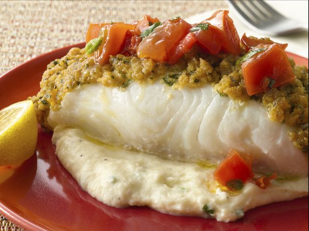 Dijon Crusted Halibut Fillet with Tomato Sauce and Parsnip Puree