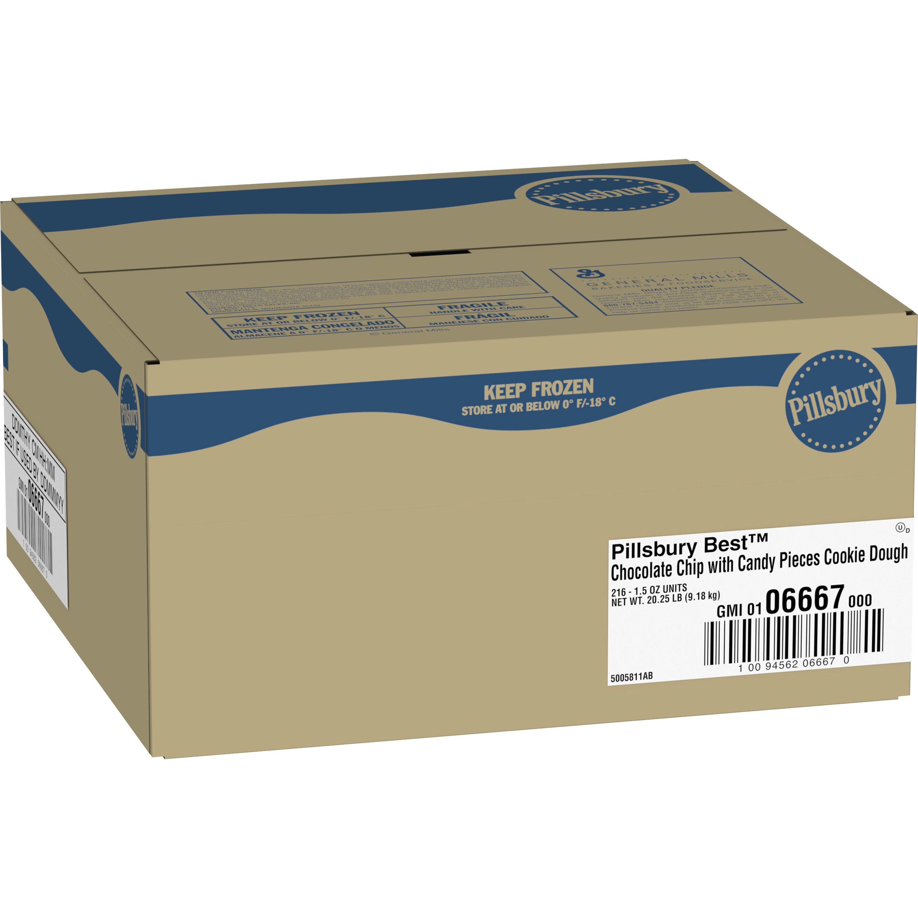 Case - Left Front 3D Pillsbury Best Frozen Cookie Dough Bulk Chocolate Chip Candy Pieces 216/1.5 OZ