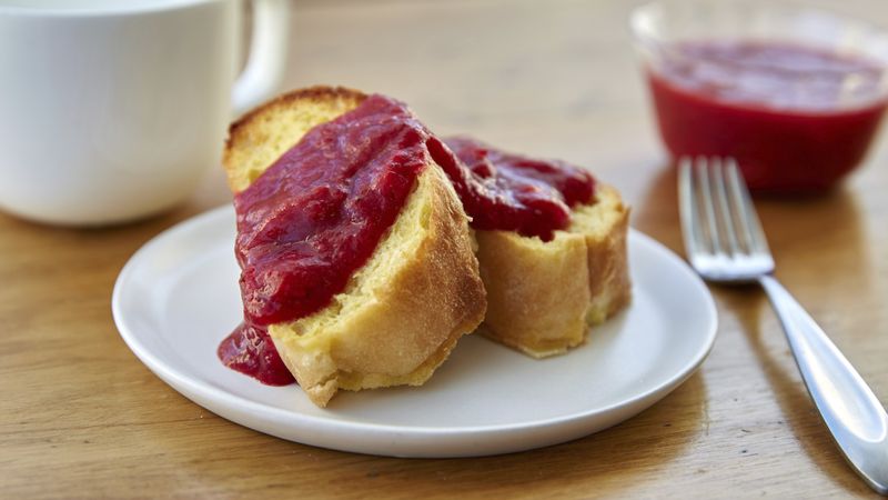 Baked French Toast with Strawberry-Rhubarb Sauce