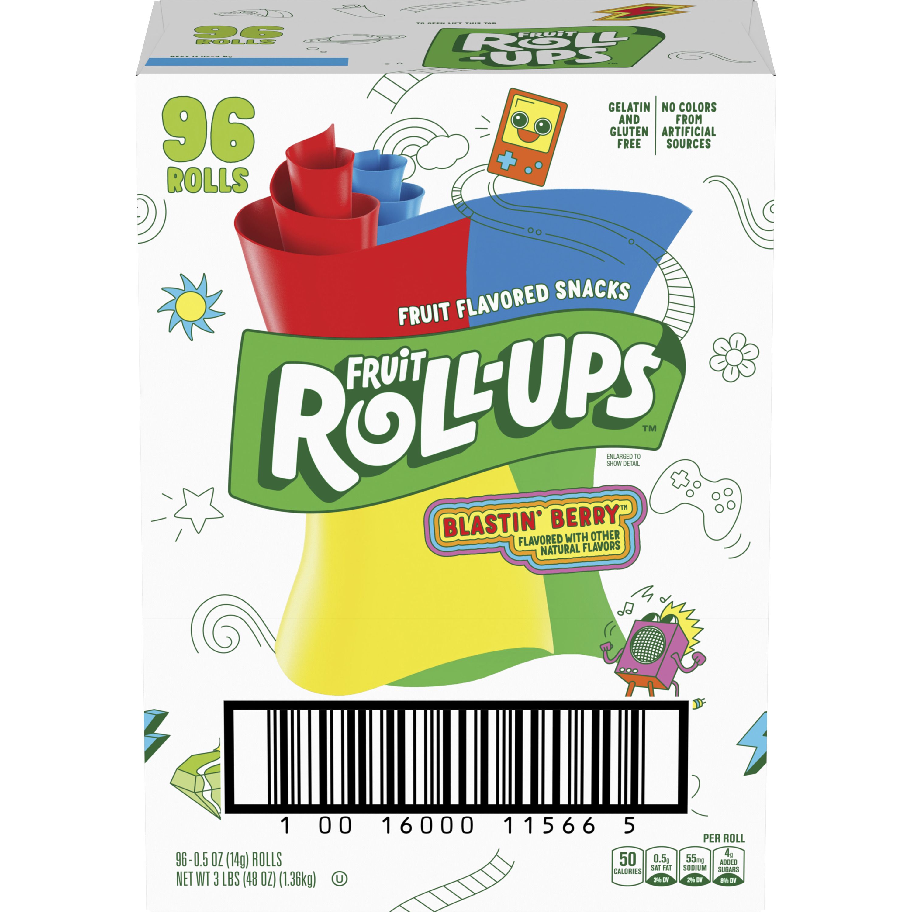 Front - 3D Fruit Roll-Ups Gluten Free Fruit Snacks Single Serve Pouch Reduced Sugar Blastin' Berry 96/0.5 OZ