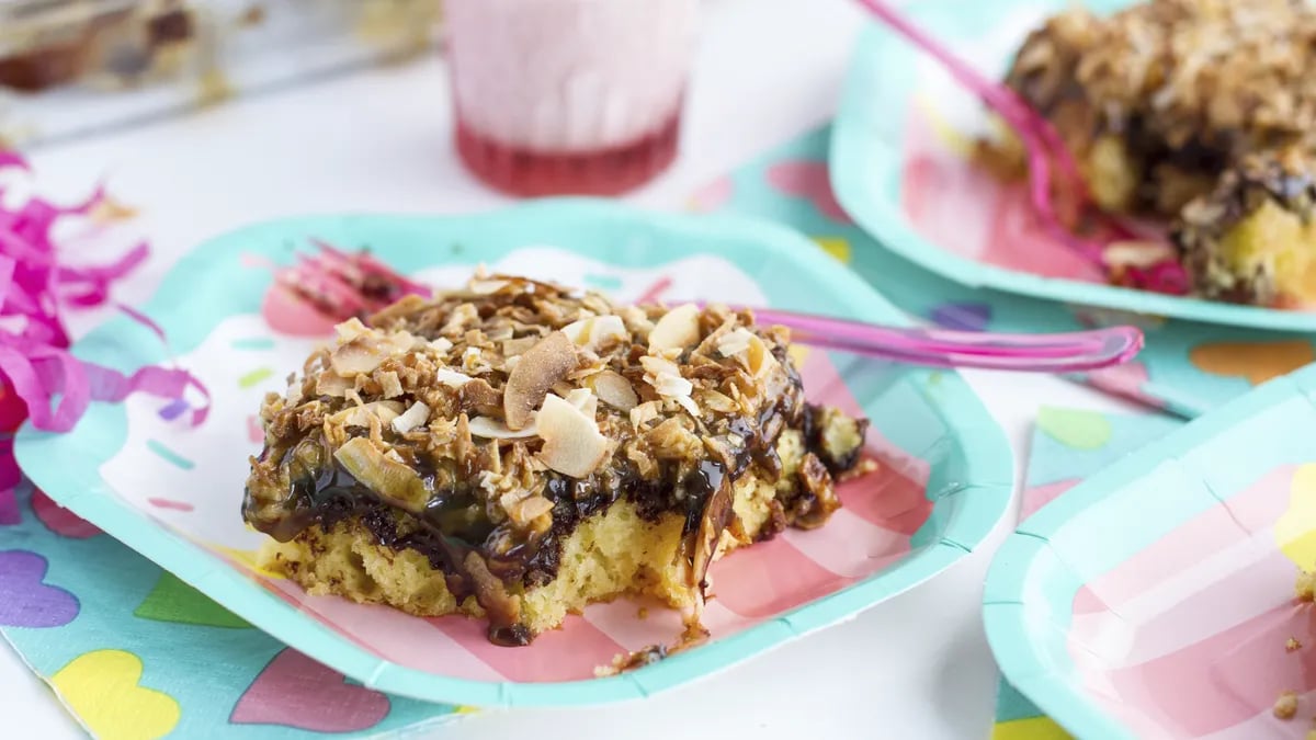 Toasted Coconut and Caramel-Hot Fudge Poke Cake