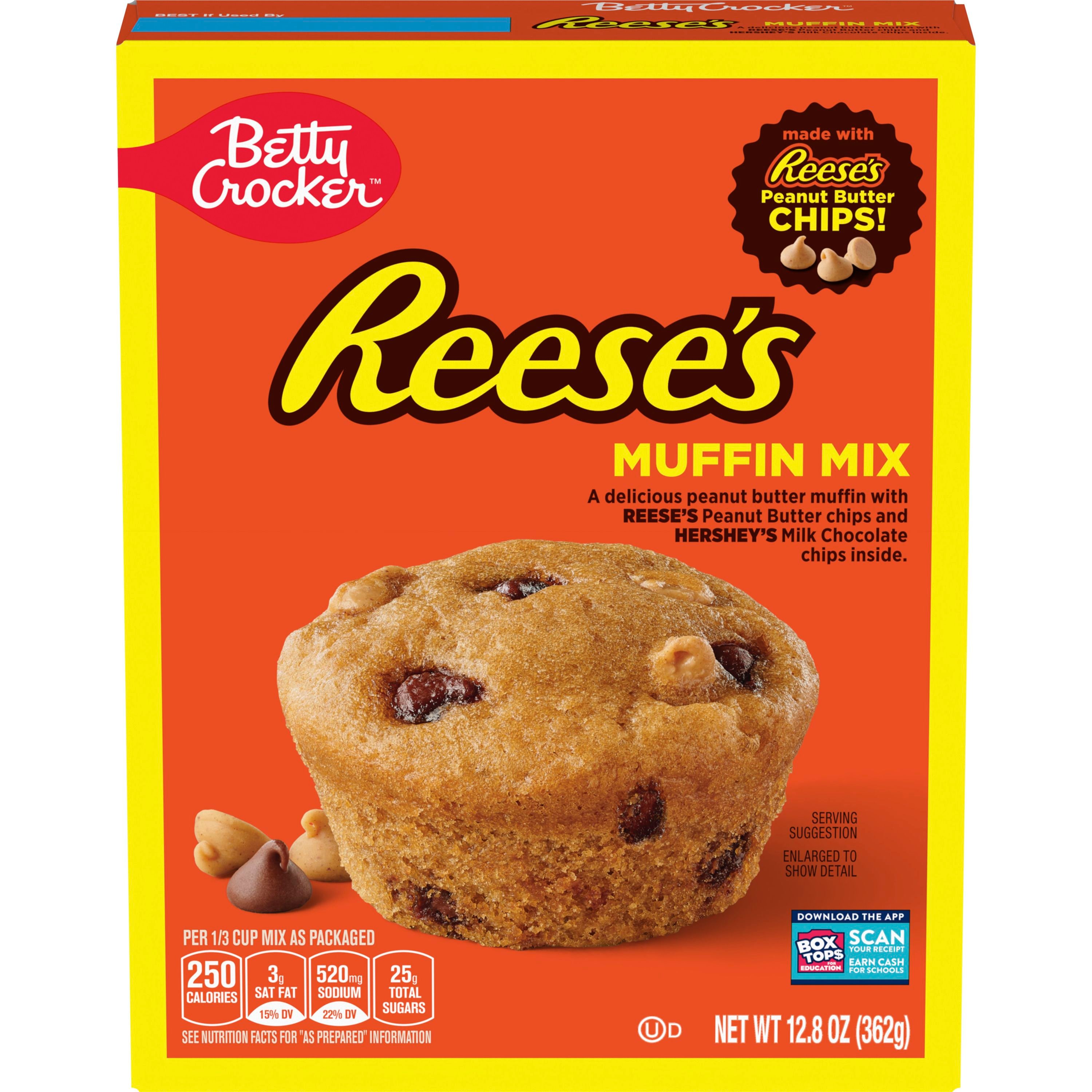 Betty Crocker REESE'S Peanut Butter Muffin Mix, Baking Mix Made With REESE’S Peanut Butter Chips And HERSHEY’S Milk Chocolate Chips, 12.8 oz - Front