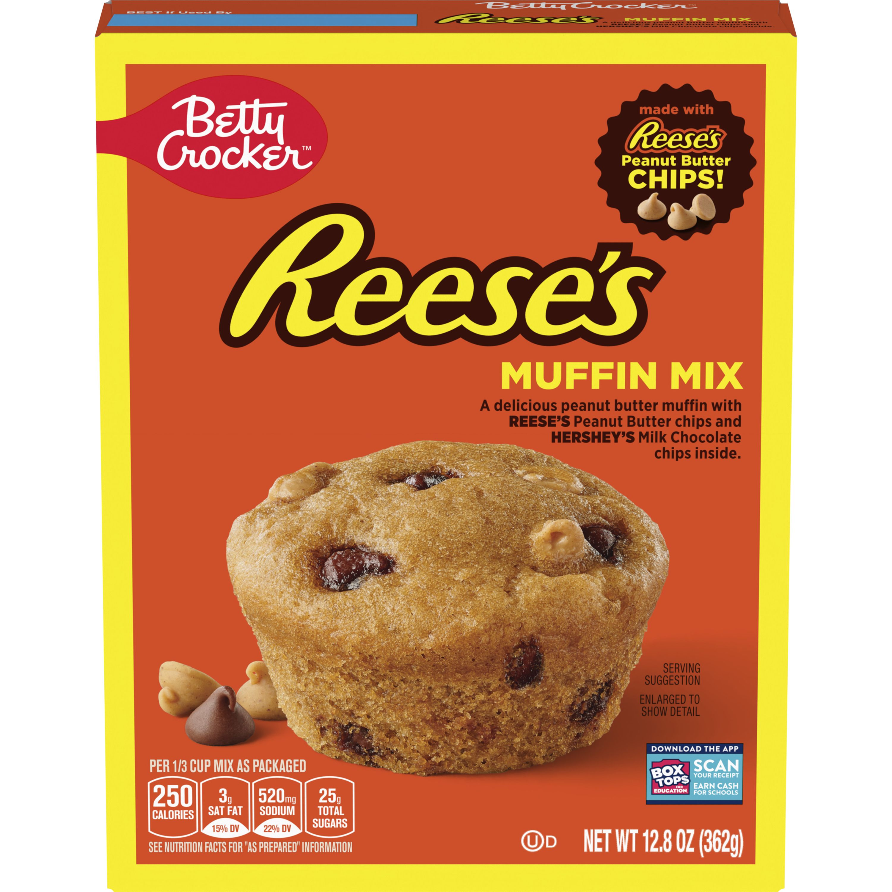 Betty Crocker REESE'S Peanut Butter Muffin Mix, Baking Mix Made With REESE’S Peanut Butter Chips And HERSHEY’S Milk Chocolate Chips, 12.8 oz - Front