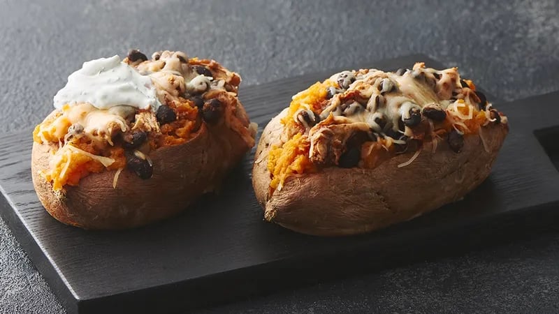 Microwave Stuffed Sweet Potatoes with Chicken and Black Beans