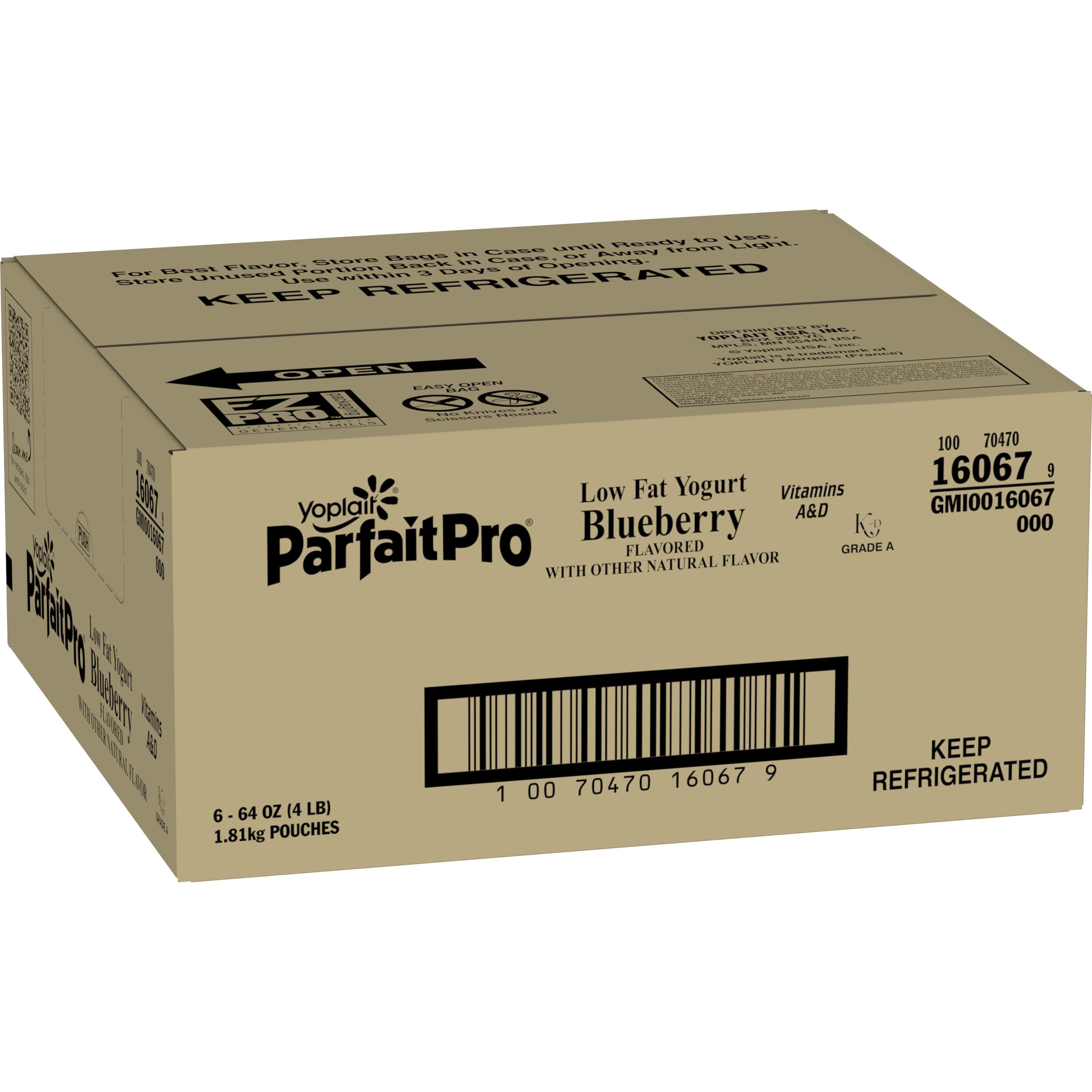 Case - Left Front 3D Yoplait ParfaitPro Gluten Free Yogurt Bulk Bag Low Fat Blueberry 6/64 OZ