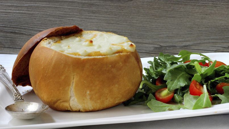 Chicken Cheese Enchilada Soup in Bread Bowls