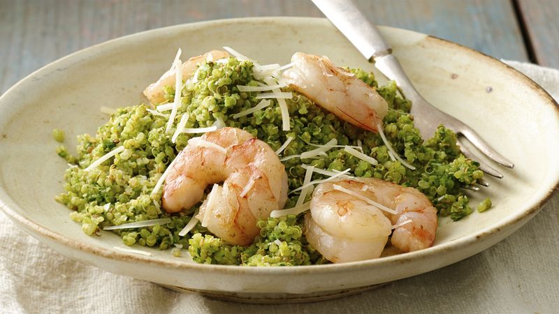 Gluten-Free Shrimp over Quinoa with Spinach Scallion Pesto