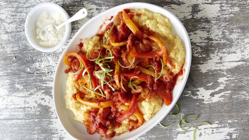 Polenta with Quick Fire Roasted Tomato and Bell Pepper Sauce | Muir Glen