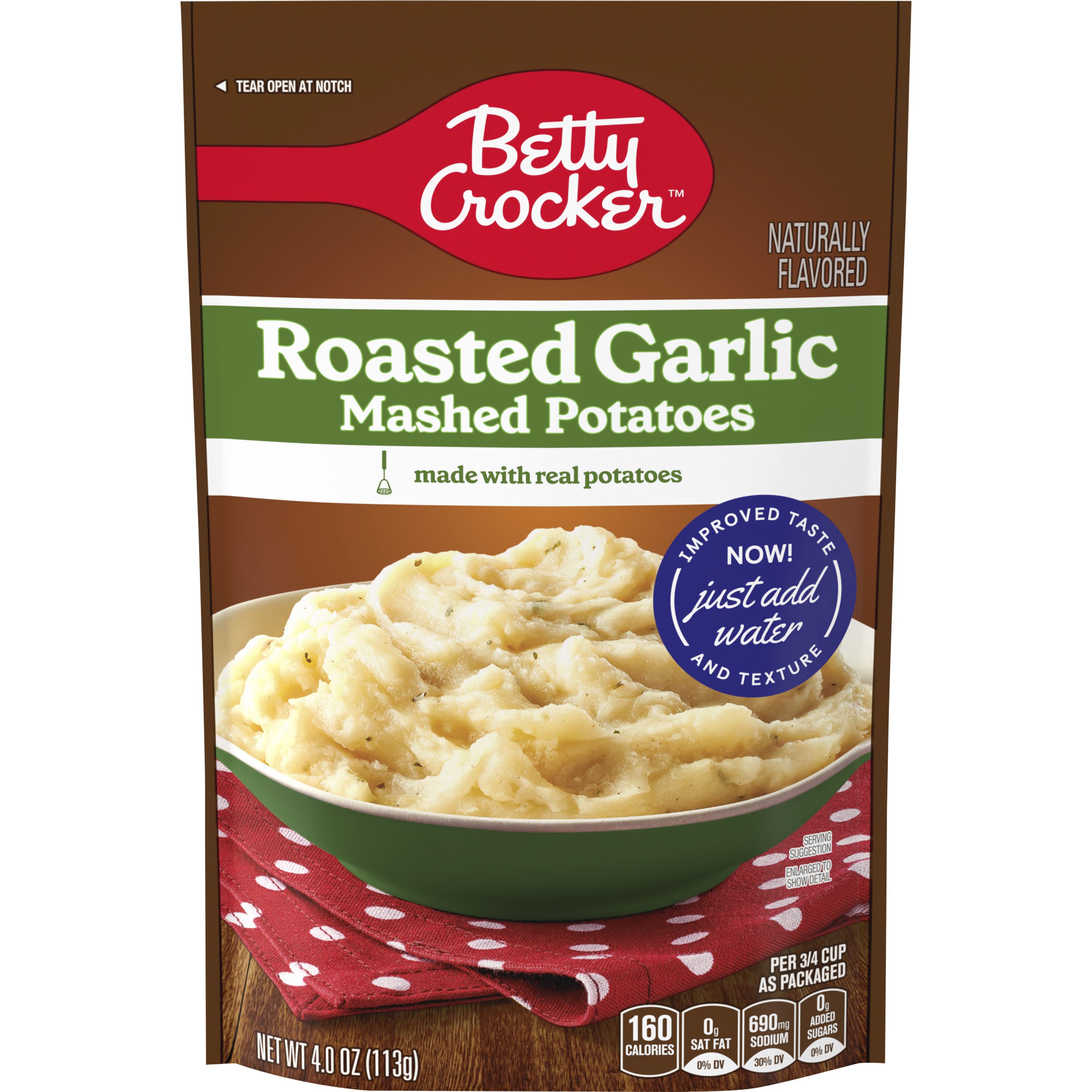 Betty Crocker Roasted Garlic Mashed Potatoes, Made with Real Potatoes, 4 oz - Front