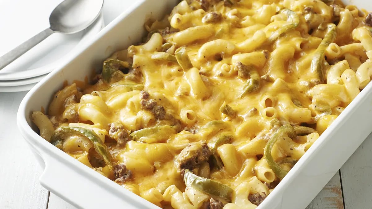 Lightened-Up Philly Cheese Steak Mac and Cheese Bake