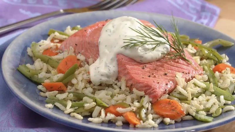 Salmon with Vegetable Pilaf
