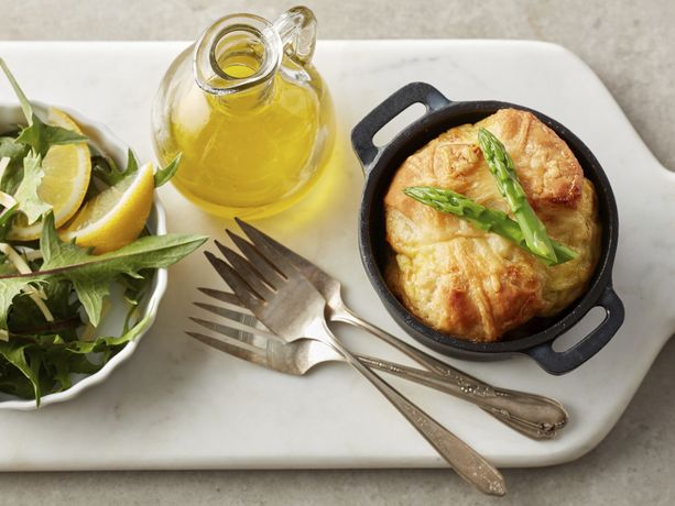 Individual Biscuit-Topped Leek and Asparagus Egg Bakes