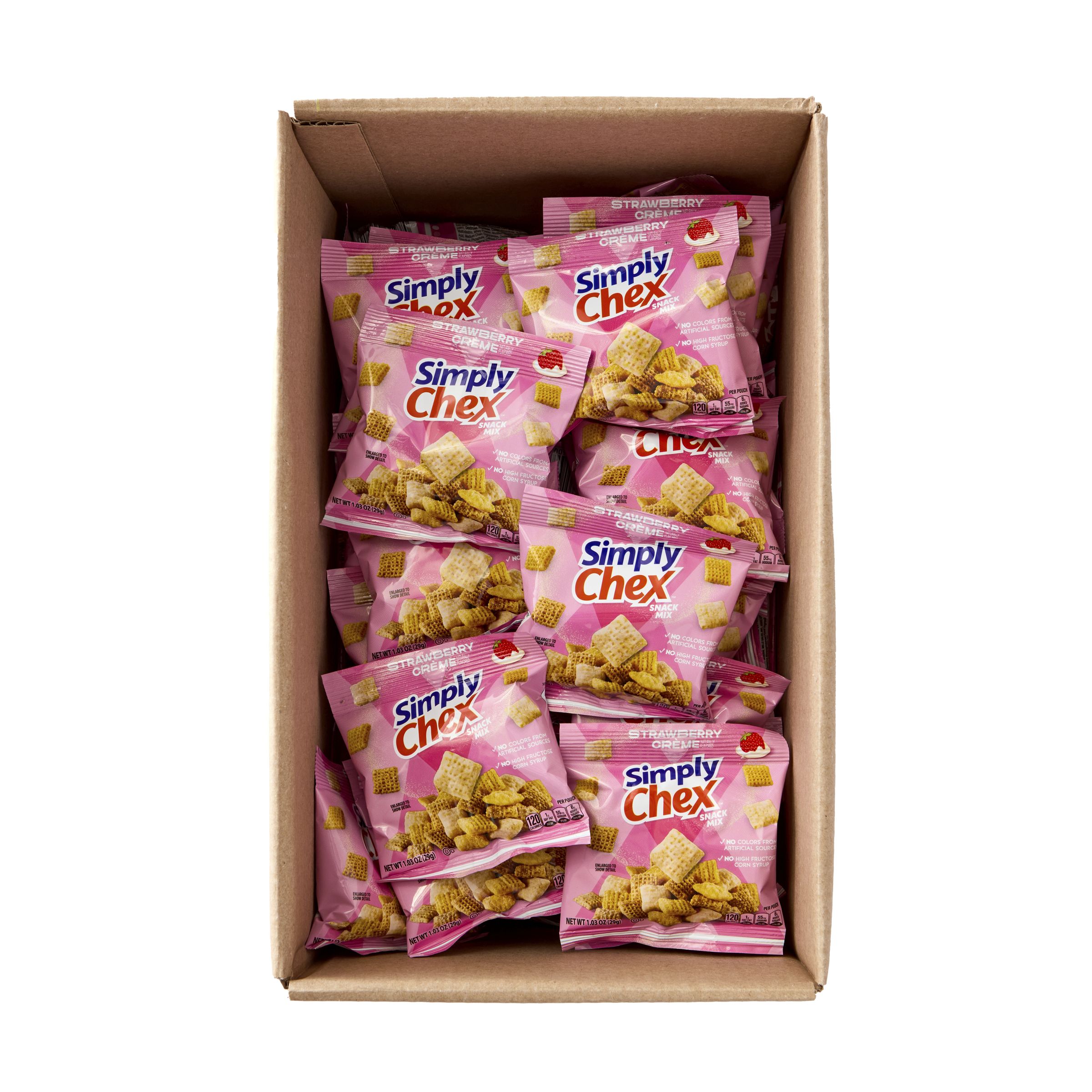  Open Case Simply Chex Snack Mix Single Serve Pouch Strawberry Creme 60/1.03 OZ