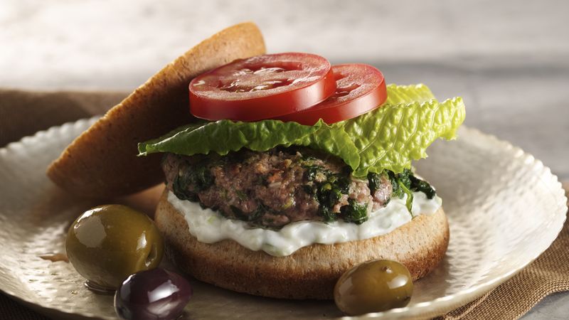 Greek Pita Burgers with Spinach, Feta and Tzatziki Sauce