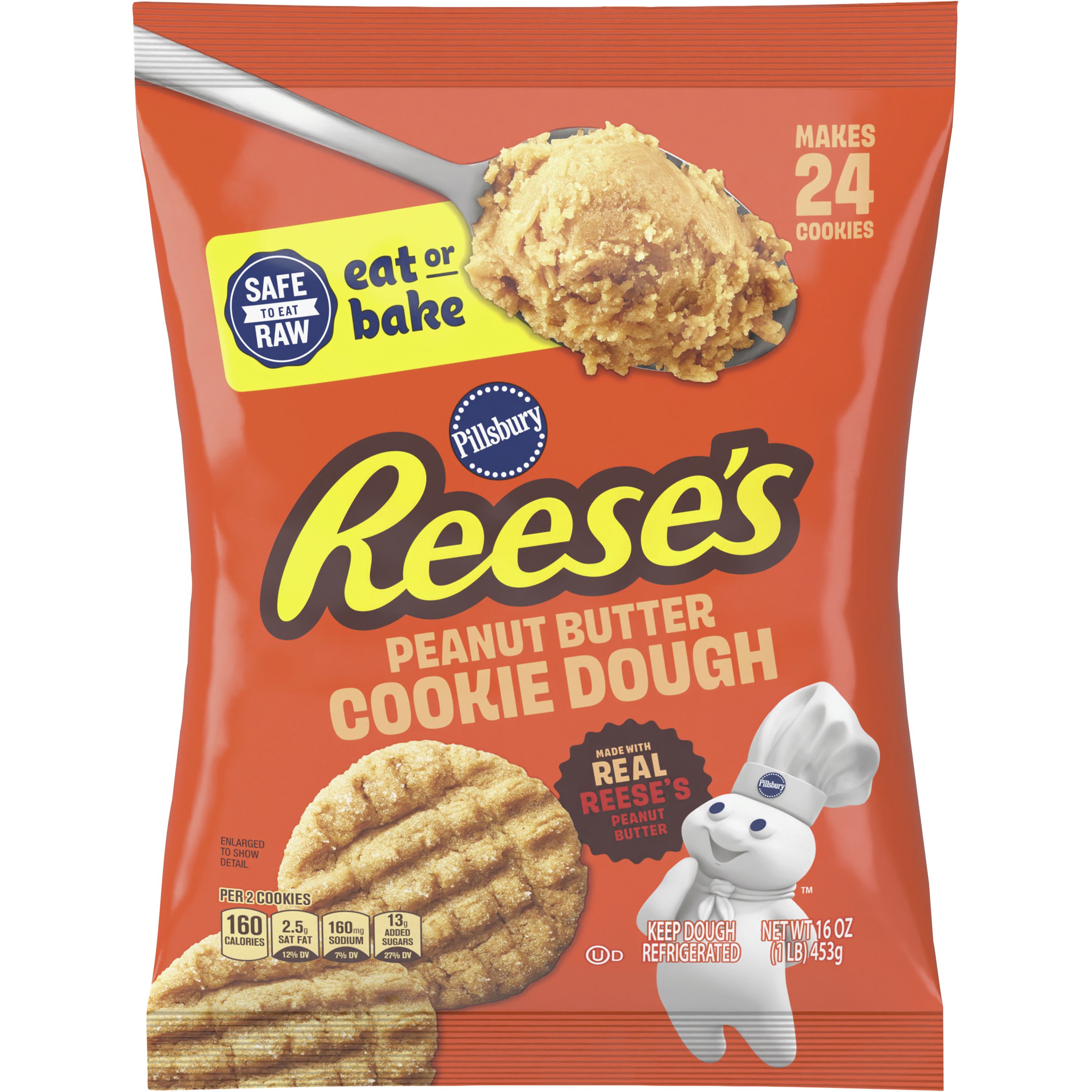Pillsbury Ready to Bake Refrigerated Cookie Dough, REESE'S Peanut Butter, Safe to Eat Raw, Makes 24 Cookies, 16 oz - Front