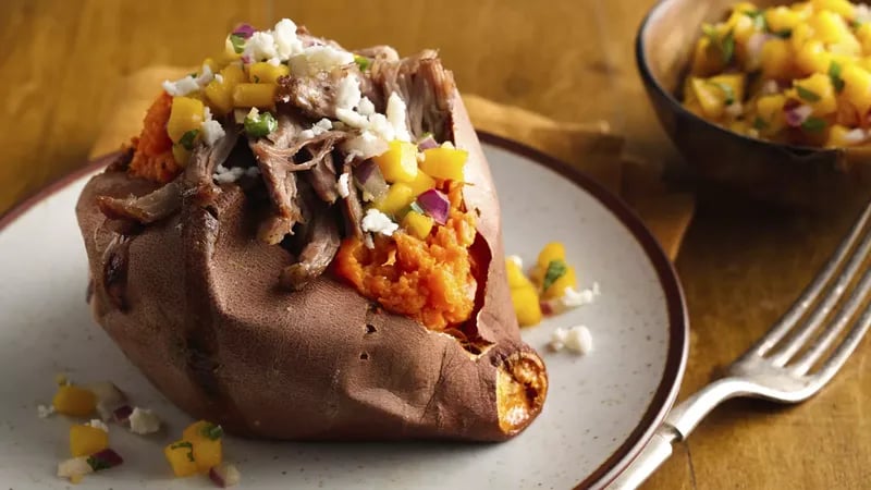 Jamaican Loaded Baked Sweet Potatoes with Pulled Pork and Mango Rum Salsa