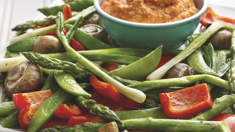 Roasted Vegetables with Roasted Pepper Hummus