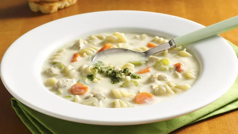 Creamy Chicken Noodle Soup with Pesto Drizzle