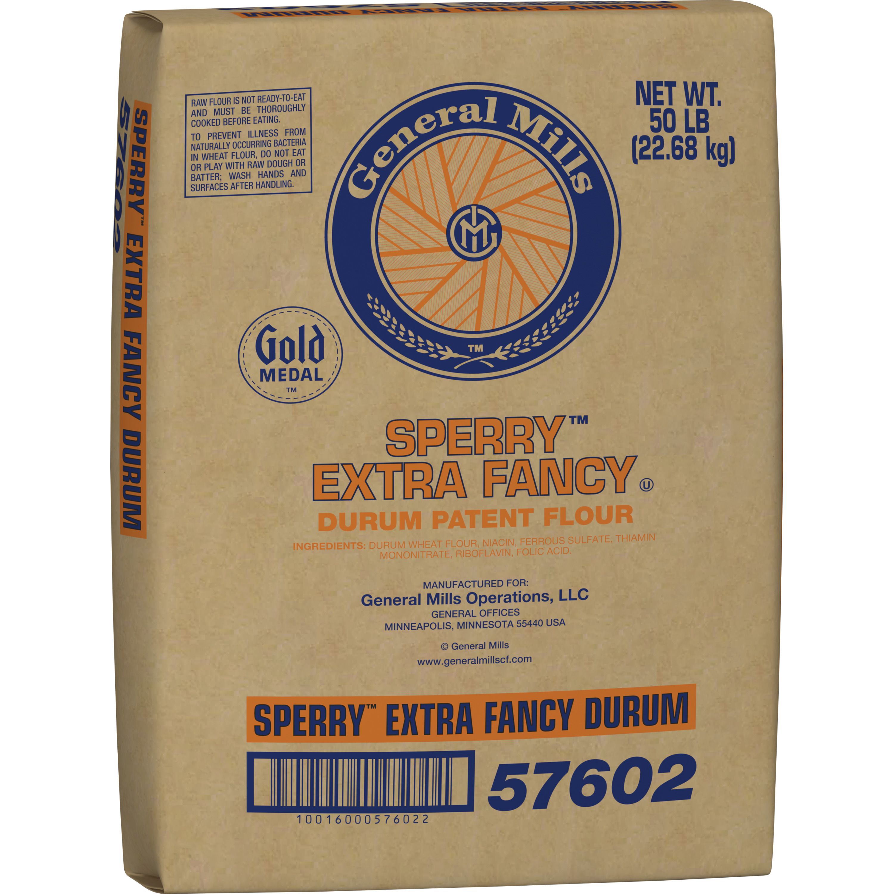 Case - Left Front 3D Gold Medal Sperry Extra Fancy Durum Flour Bulk Sack Enriched 50 LB