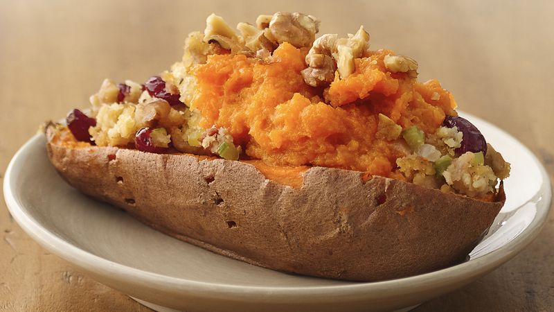 Cornbread and Bacon Stuffing in Sweet Potato Boats