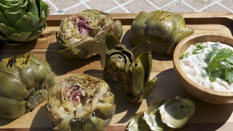 Grilled Artichokes with Garlic and Cilantro Cream