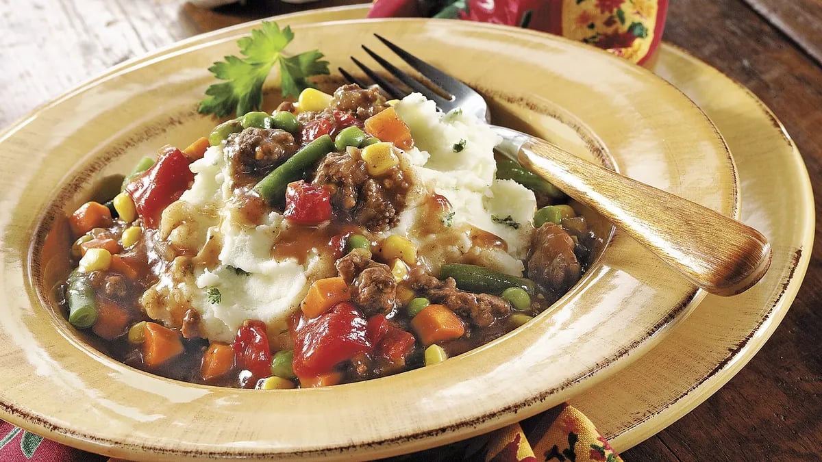 Beef Stew over Mashed Potatoes 