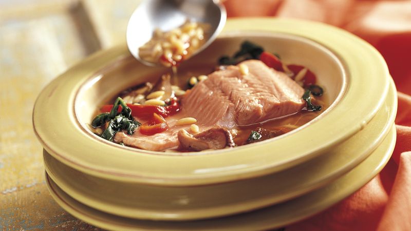 Poached Salmon in Orzo Broth (Cooking for 2)