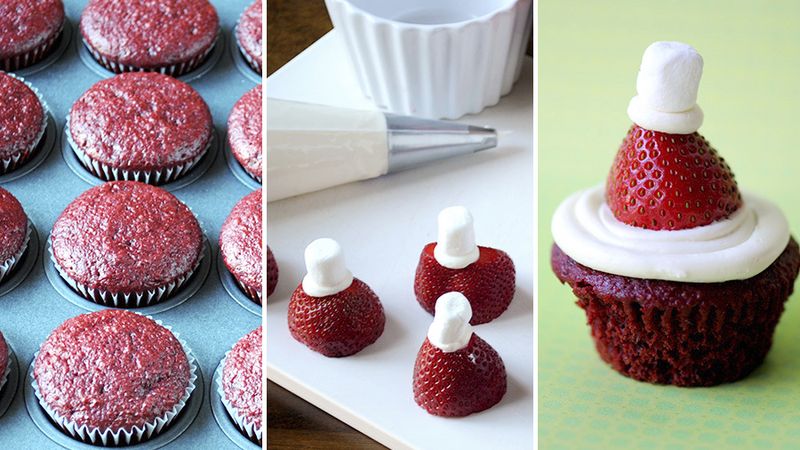 Mini Red Velvet Santa Hat Cupcakes