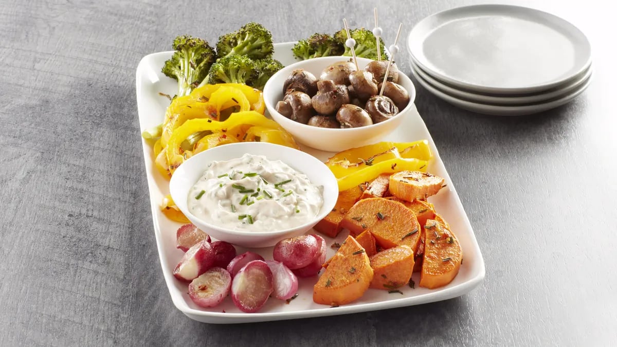 Roasted Vegetables with Smoky Sour Cream and Chive Dip