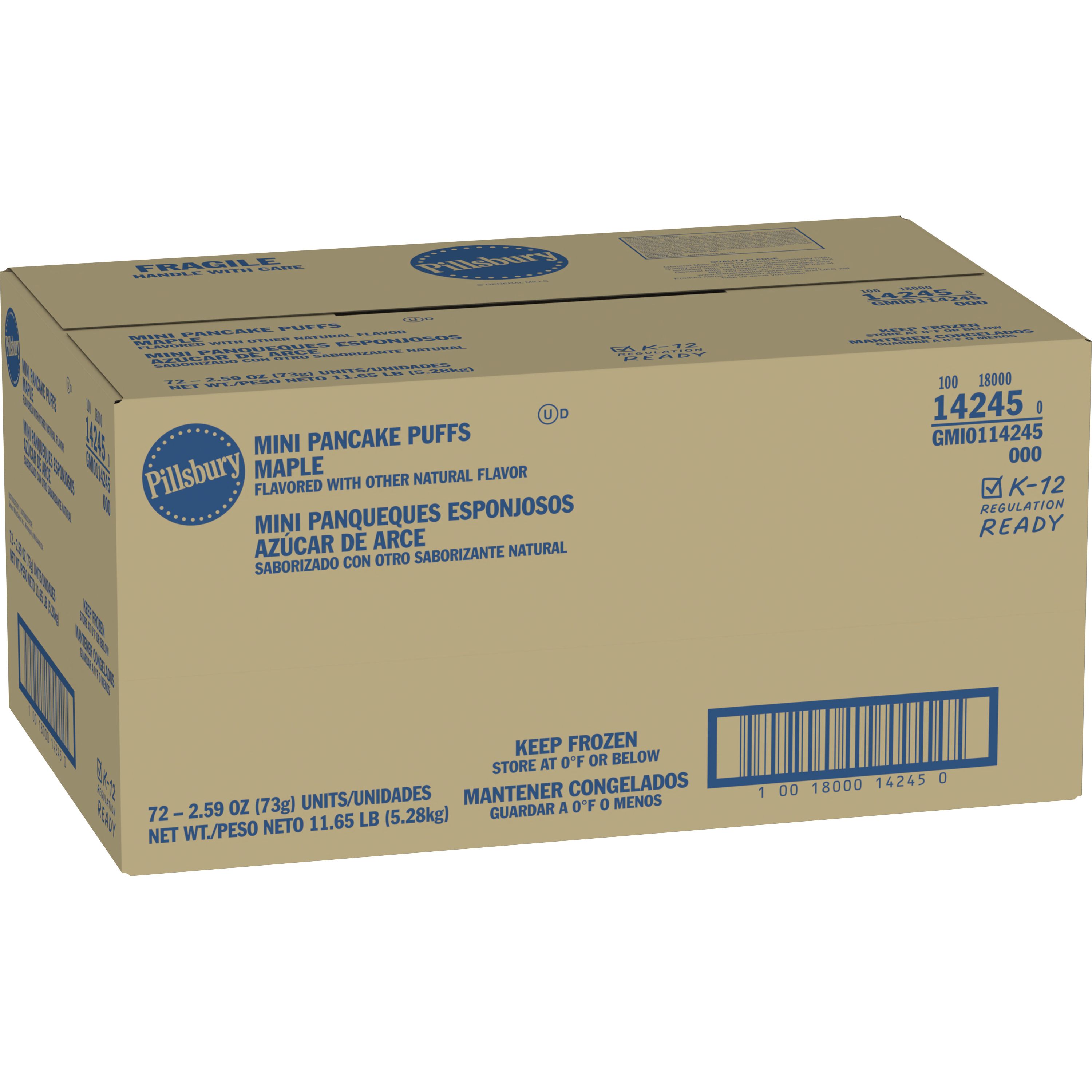 Case - Left Front 3D Pillsbury Frozen Meals Pancake Puffs Single Serve Pouch Maple 72/2.59 OZ