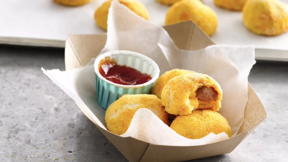 Cheesy Sriracha Corn Dog Poppers