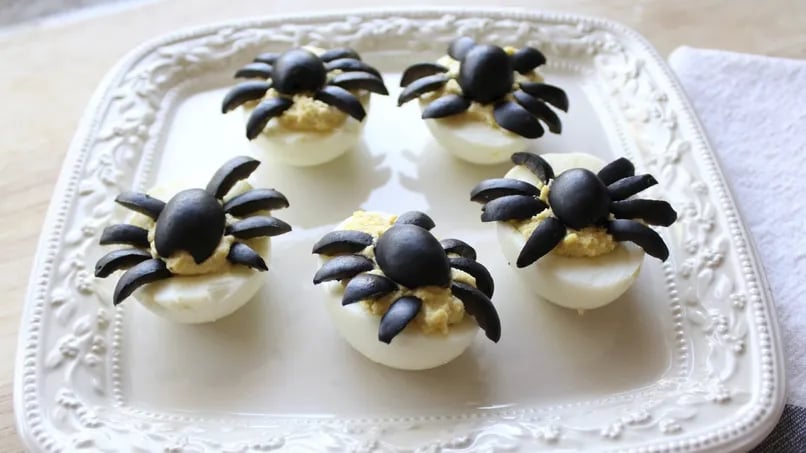 Deviled Eggs with Olive Spiders