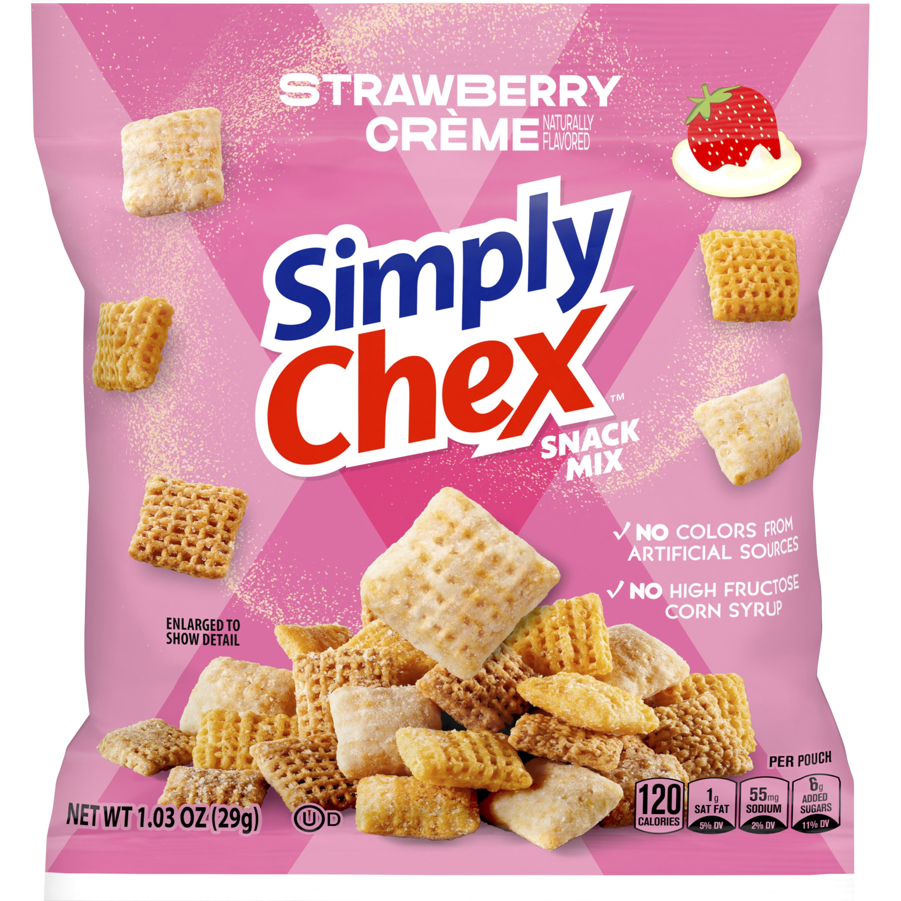 Front - 3D Simply Chex Snack Mix Single Serve Pouch Strawberry Creme 60/1.03 OZ