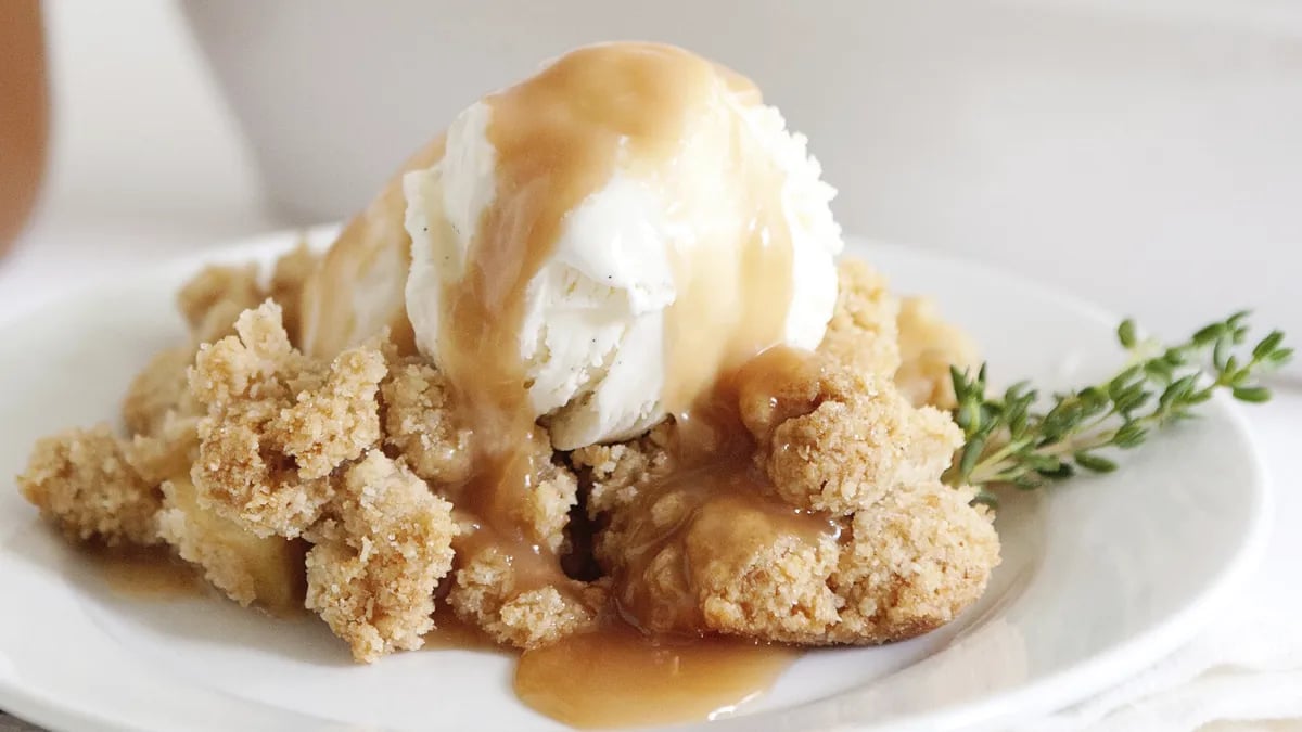 Apple Whiskey Crisp with Whiskey Caramel Sauce