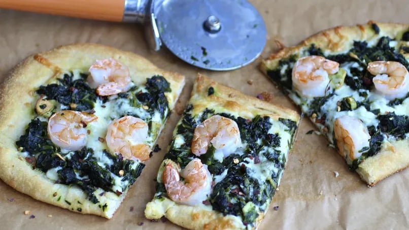 Spinach, Garlic and Shrimp Pizza