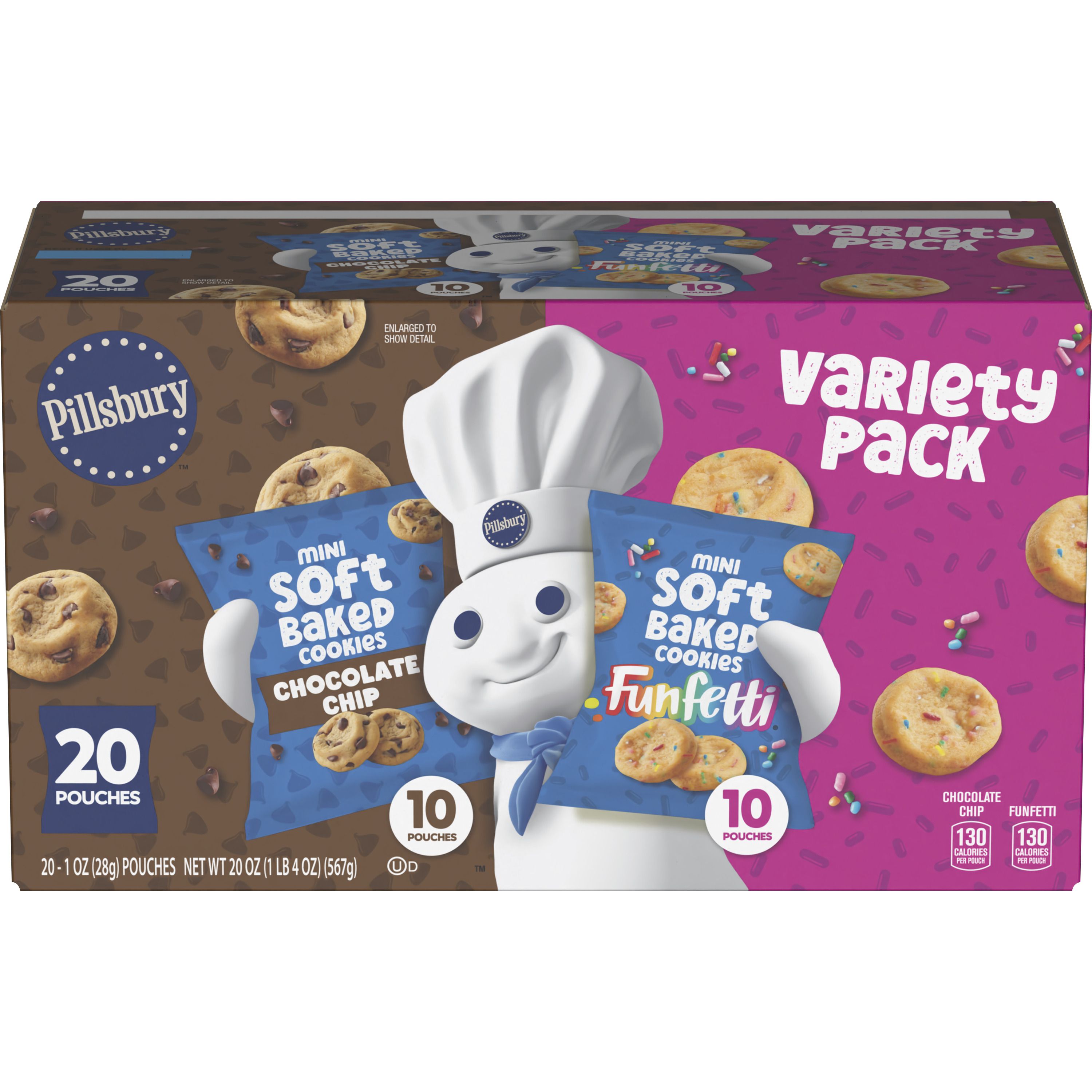 Pillsbury Mini Soft Baked Cookies, Chocolate Chip and Funfetti, Variety Pack, 20 Ct, 20 oz - Front
