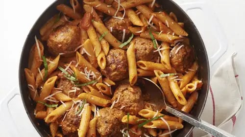 One-Pot Sausage Meatballs with Creamy Tomato Penne